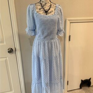 New York & Company Pale Blue Swiss Dot Maxi Dress with Smocked Bodice